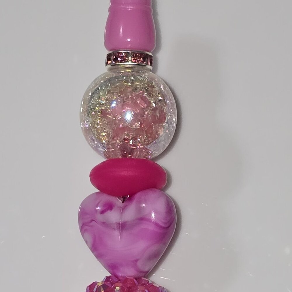 Pink Heart Beaded Ballpoint Ink Pen Sparkly